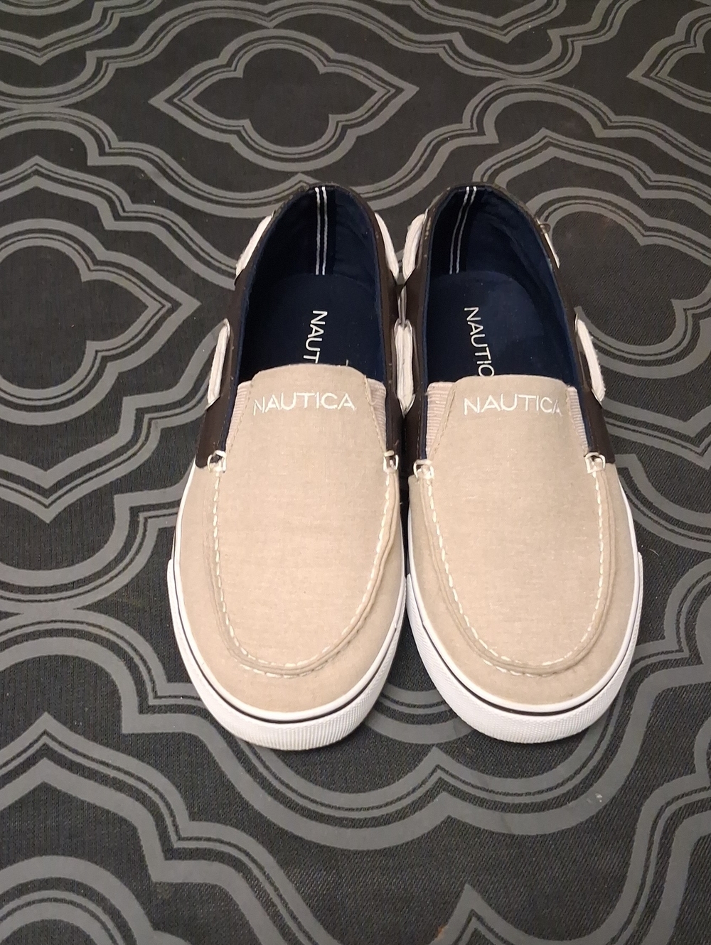 Nautica Tan Canvas Slip-On Boat Shoes with Navy Lining